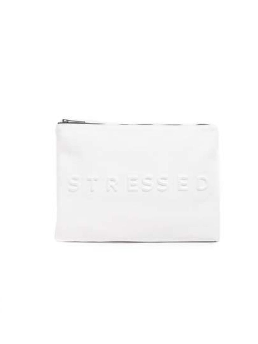 <p>If only stress always looked this good  .. </p><p>White 'Stressed' pouch £19.99 from <a href="http://www.zara.com/uk/en/woman/accessories/%22stressed%22-clutch-c376002p1794518.html">Zara</a></p>
