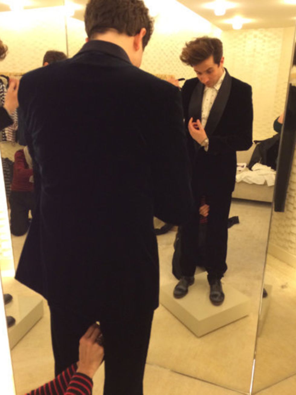 <p>Our host for the night, Nick Grimshaw, being fitted in Louis Vuitton for the awards.</p>