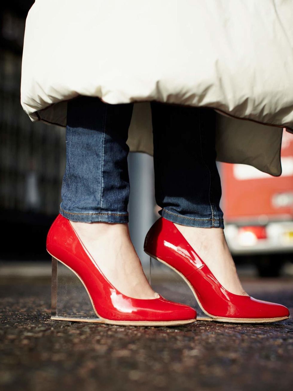 <p>Julia Shutenko, ELLE Fashion Intern:</p><p>Maison Martin Margiela with H&amp;M red patent plexi wedge shoes, Zara jeans, Maison Martin Margiela with H&amp;M duvet coat</p>