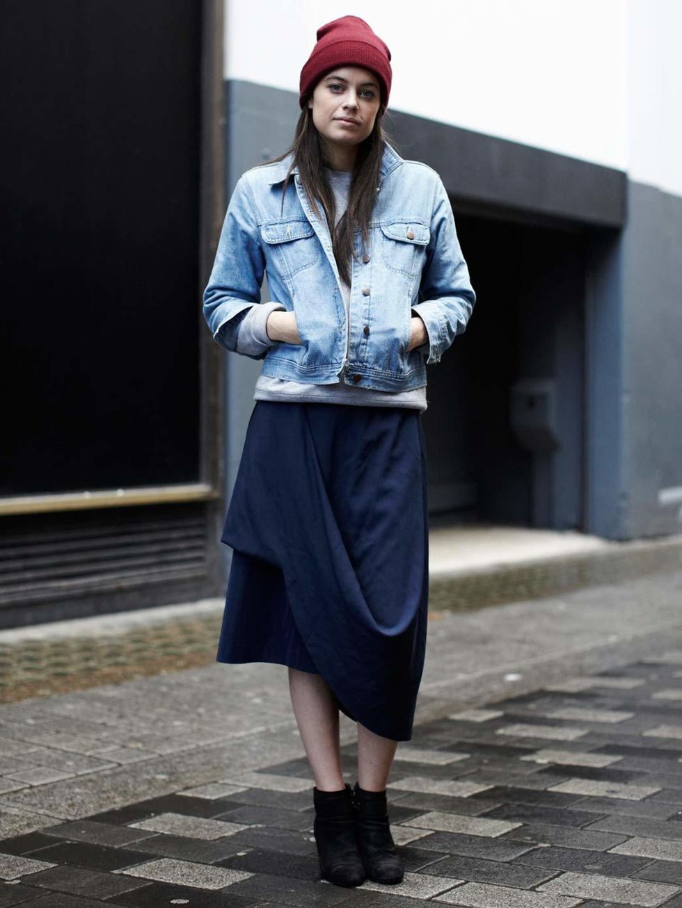 <p>Charlotte Lewis, ELLE Fashion Intern:</p><p>American Apparel beanie hat, Vintage denim jacket, Maison Martin Margiela with H&amp;M navy skirt</p>