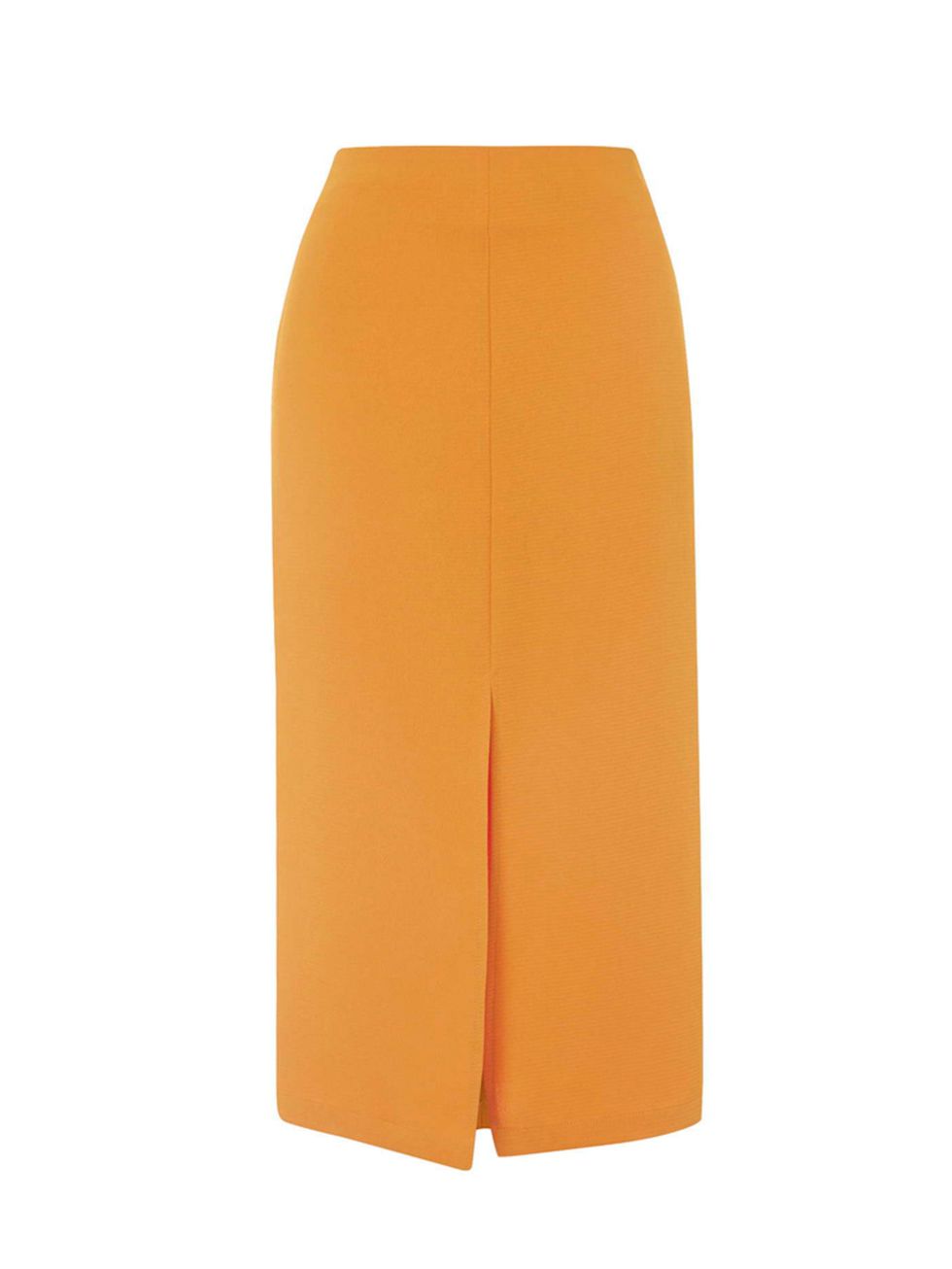 <p>Executive Fashion & Beauty Director Kirsty Dale is all over this tangerine dream. Tuck in a crisp white shirt for extra style points.</p>

<p><a href="http://www.topshop.com/en/tsuk/product/new-in-this-week-2169932/split-front-midi-skirt-4546149?bi=1&p