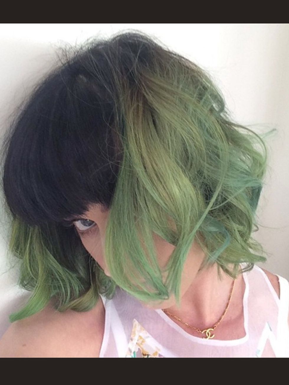 <p>Katy Perry dyes her hair and instagrams - 'slime green for spring', April 2014.</p>