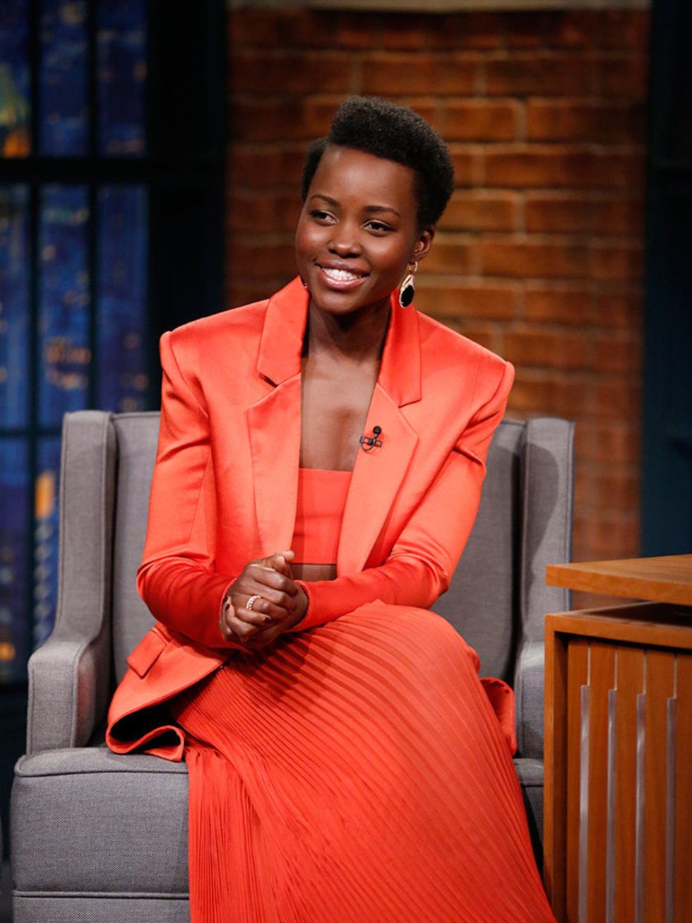 Lupita Nyong'o wears Balmain for an appearance on Late Night with Seth Meyers, March 2016.