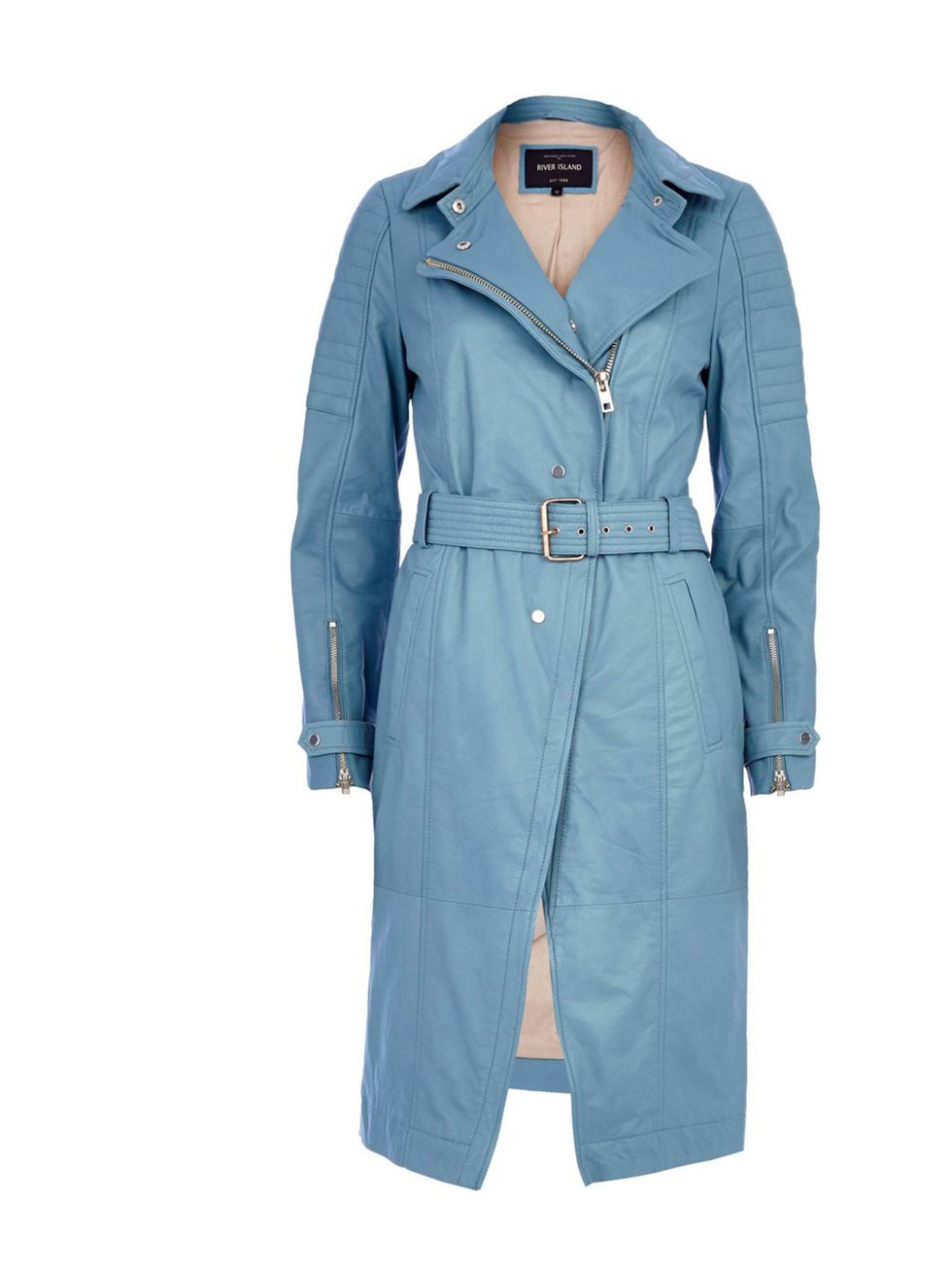 <p>£220<a href="http://www.riverisland.com/women/coats--jackets/leather-jackets/Blue-leather-trench-coat-646074">River Island</a></p>
