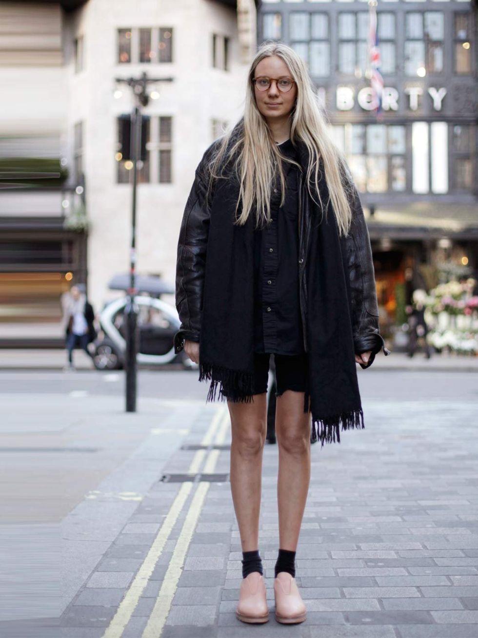 <p>Claudia, 25, Intern. Like Mary scarf, vintage jacket, Cheap Monday shorts, Acne shoes, American Apparel bag.</p>