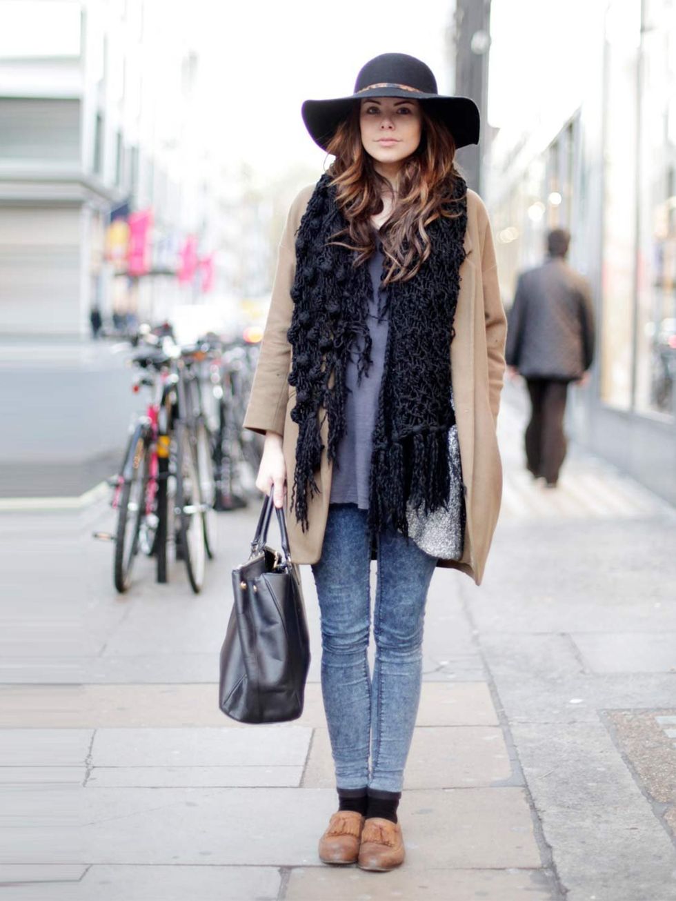 <p>Laura, Actress. Topshop jacket, boyfriend's t-shirt, Topshop jeans, vintage shoes, Asda hat, Prada bag.</p>