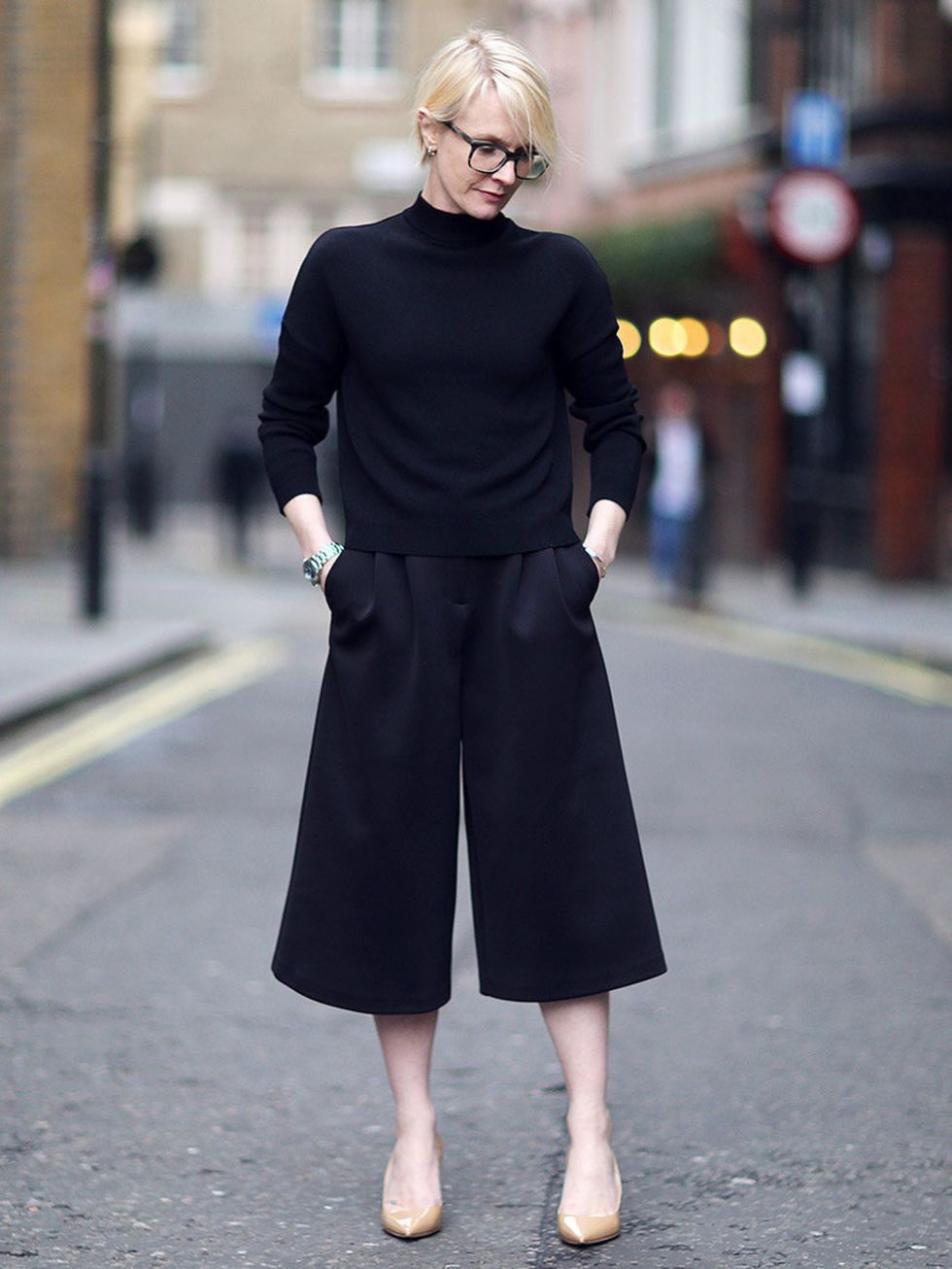 <p><strong>Lorraine Candy - Editor-in-Chief</strong></p><p><a href="http://www.topshop.com/en/tsuk/product/pleat-front-satin-culottes-2705404">Topshop</a> Culottes £30 , <a href="http://www.jimmychoo.com/en/women/shoes/pumps/abel/black-patent-leather-poin