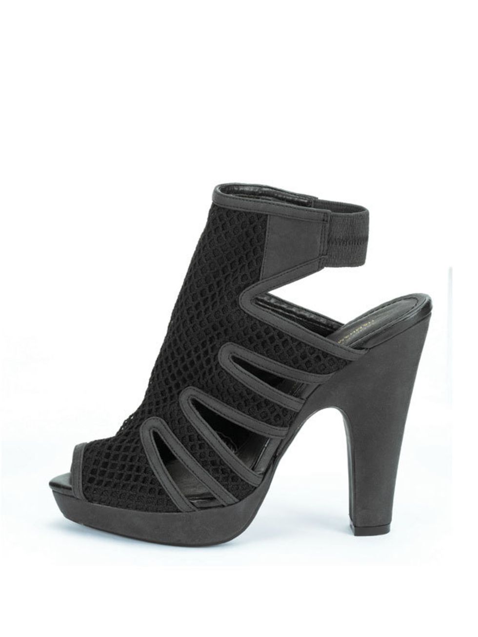 <p>Black mesh peep toe shoes, £29.99 (0207 323 2211)</p>