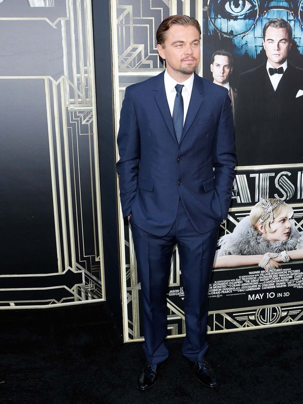 <p><a href="http://www.elleuk.com/star-style/celebrity-style-files/leonardo-dicaprio-man-of-the-week-in-pictures">Leonardo DiCaprio</a>, who plays the eponymous Jay Gatsby, opted for a navy suit and matching tie.</p>