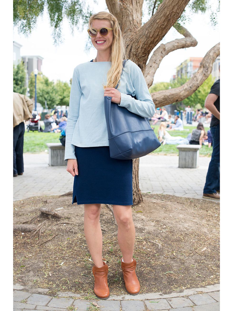 Peggy Friar wears Taylor Switch top and dress, J.Crew boots and bag with Madewell sunglasses.