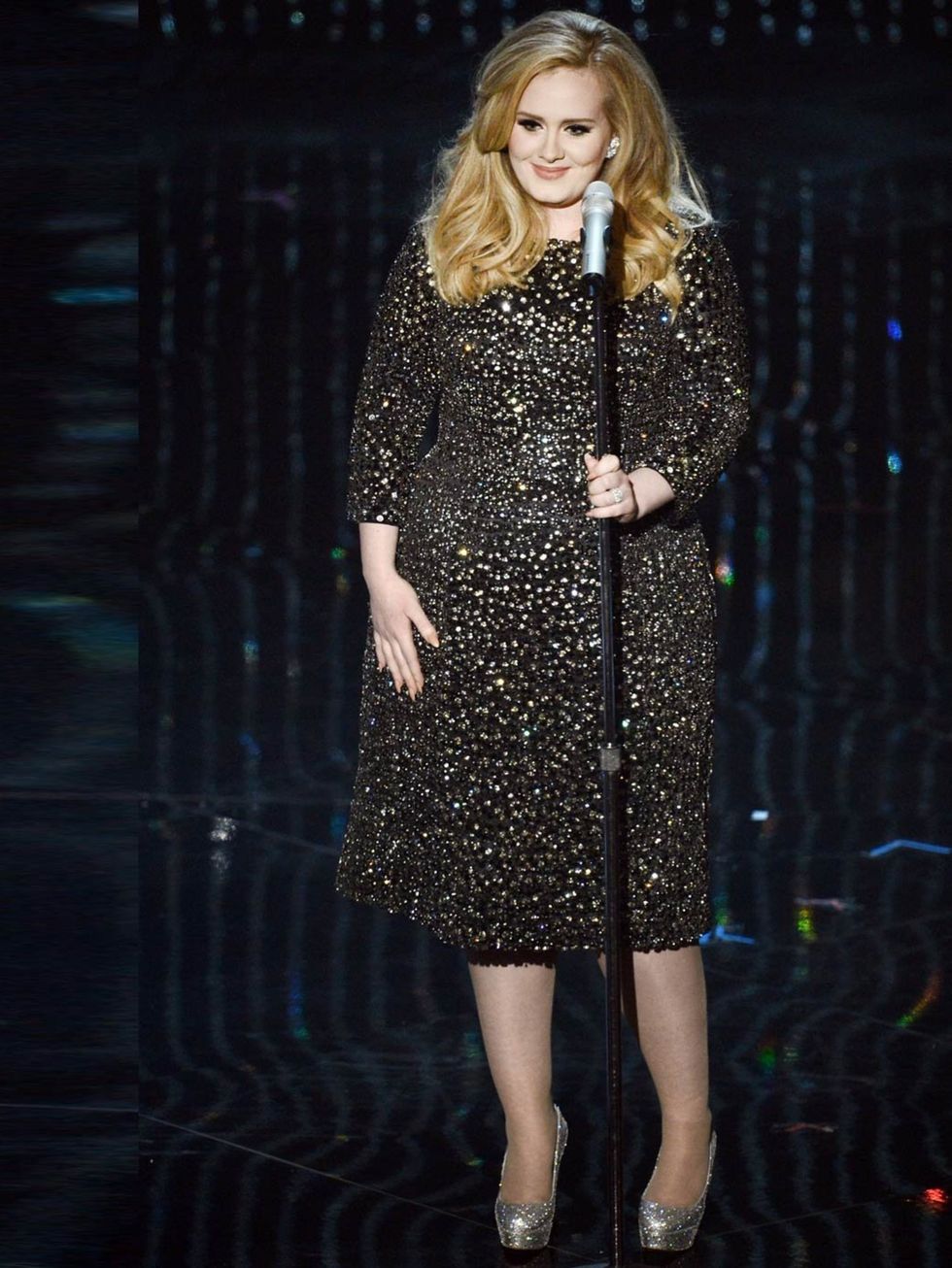 <p>Adele wore a sparkly <a href="http://www.elleuk.com/catwalk/designer-a-z/burberry-prorsum/autumn-winter-2013">Burberry</a> dress for her performance at the Oscars where she won Best Original Song Oscar for Skyfall, February 2013.</p>