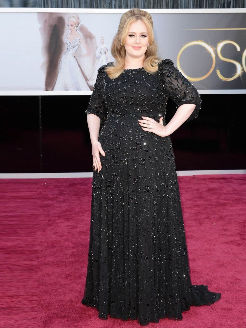 <p>Adele arrived at the Oscars at Hollywood &amp; Highland Center wearing embellished Jenny Peckham gown, February 2013.</p>