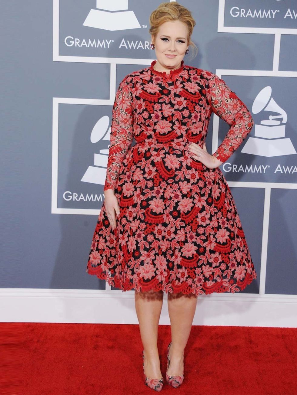 <p>Adele wore a floral print <a href="http://www.elleuk.com/catwalk/designer-a-z/valentino/autumn-winter-2013">Valentino</a> dress to pick up her ninth award from the The 55th Annual Grammy Awards at Staples Center in Los Angeles, February 2013.</p>