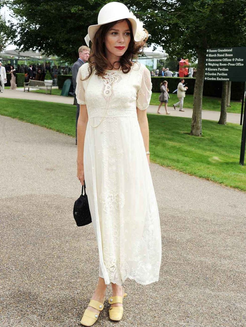 <p>Anna Friel wearing a vintage lace dress to Glorious Goodwood, August 2012</p>