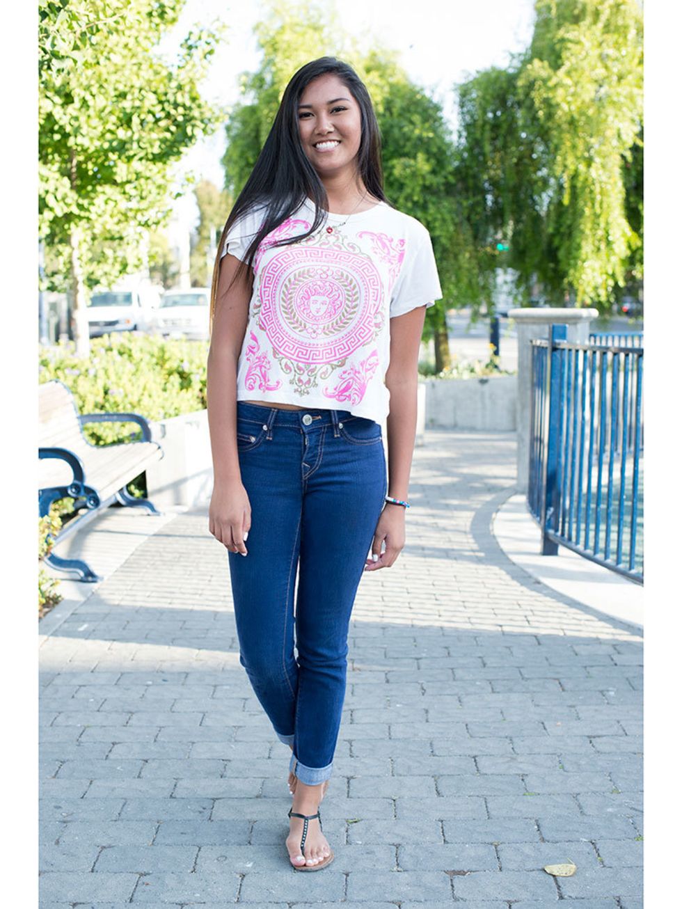 Jessica Baldovino wears Forever 21 t shirt, True Religion jeans and American Eagle shoes.