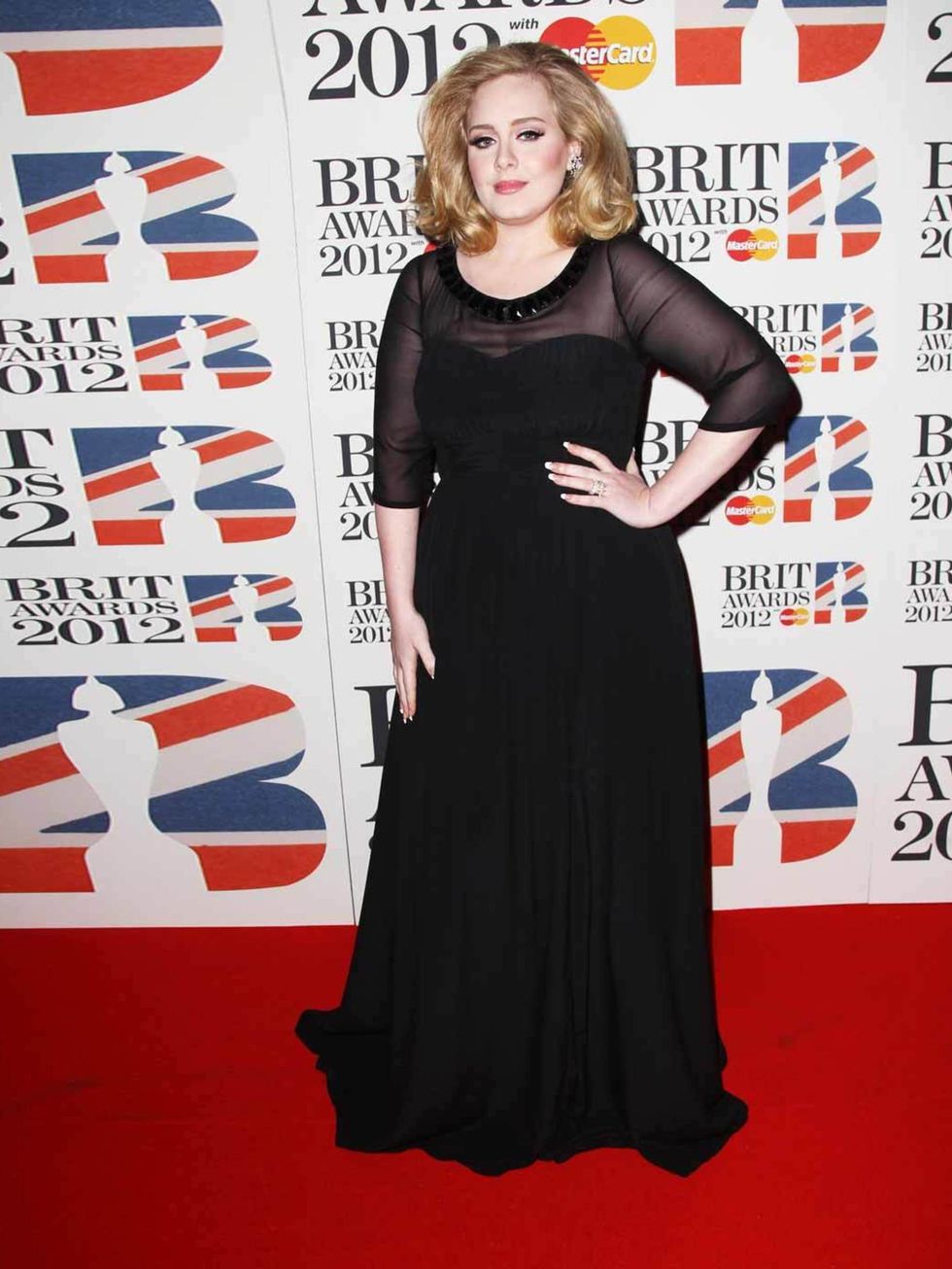 <p><a href="http://www.elleuk.com/star-style/celebrity-style-files/adele">Adele</a> wearing <a href="http://www.elleuk.com/catwalk/designer-a-z/burberry-prorsum/autumn-winter-2012">Burberry Prorsum</a> and De Beers jewellery on the red carpet at the 2012 