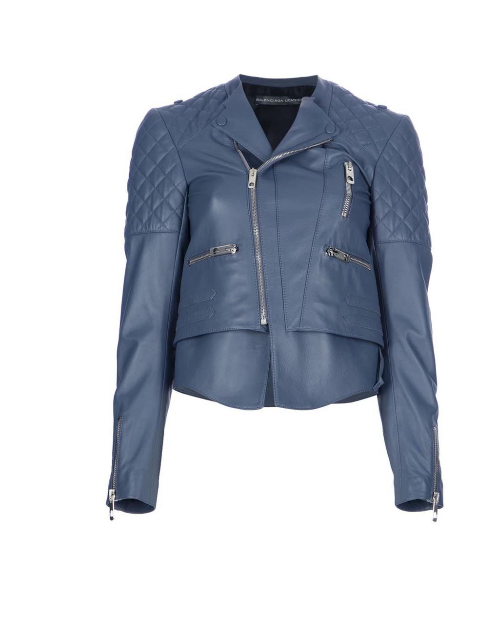 <p>BAlenciaga blue leather jacket at <a href="http://www.farfetch.com/shopping/women/balenciaga-quilted-leather-jacket-item-10319092.aspx">farfetch.com </a>, £1615</p>