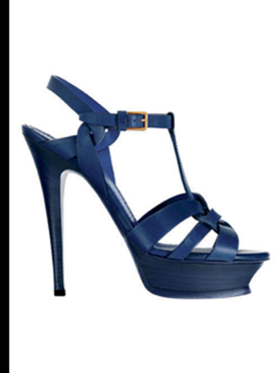<p>Blue leather tribute sandals, £400, by Yves Saint Laurent, for stockists call (0207 493 1800)</p>