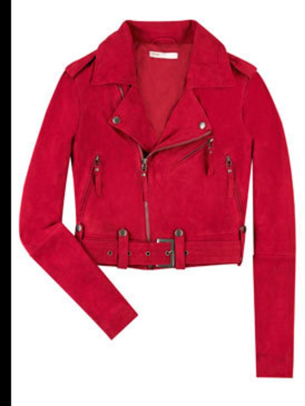 <p>Red suede jacket, £225, by Maje, available at <a href="http://www.net-a-porter.com/product/42213">Net-a-porter.com</a></p>