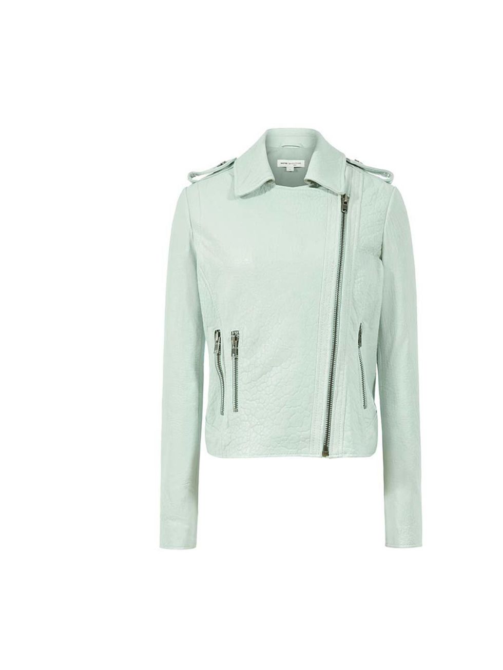 <p>Reiss mint leather biker jacket, £395</p>