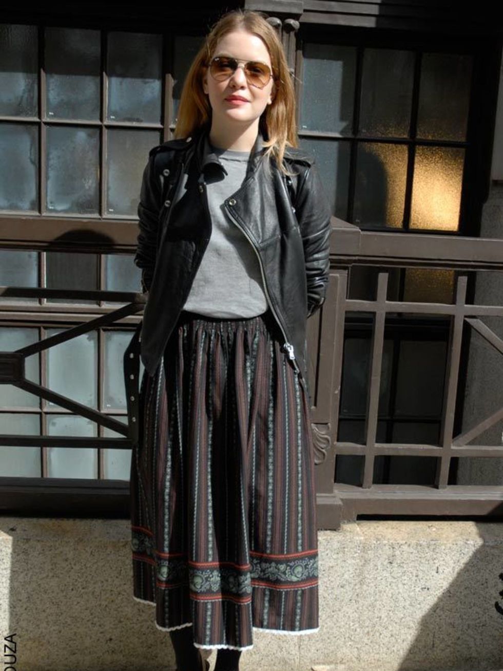 <p>Anastasia, 25, Fashion Editor. Vintage jacket, Cos top, urban outfitters skirt, Zara shoes.</p>