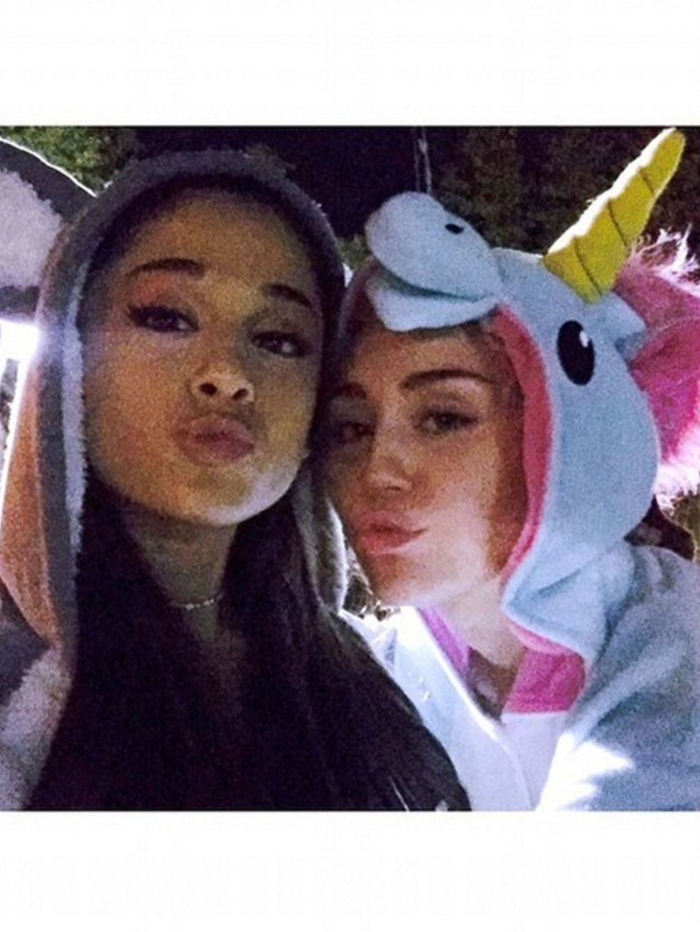 <p>Two of the biggest pop-super-starlets, Ariana Grande and Miley Cyrus, combine forces here for a selfie in support of Miley's new venture - The Happy Hippe Foundation. Ari also posted the same selfie captioned: '#acceptance #love #happy #hippies thaaann