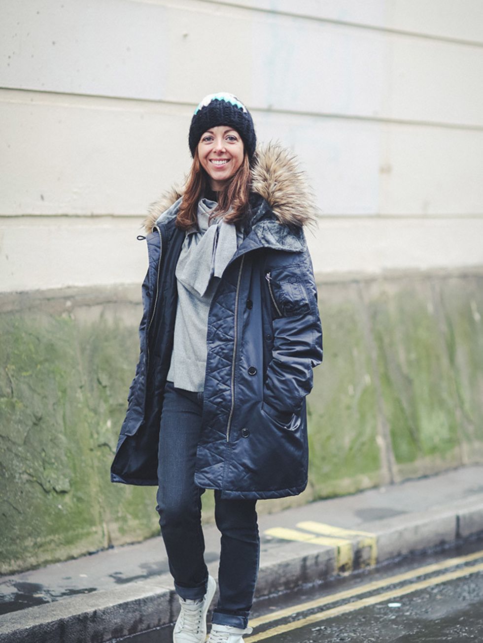 <p>Kirsty Dale  Executive Fashion Director.</p>

<p>Wool And The Gang hat, Gap coat, French Connection top, DL 1961 jeans, Chloe purse and Whistles trainers. </p>

<p> </p>