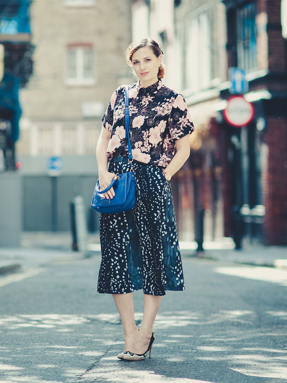 Sophie Beresiner  Beauty Director
Topshop culottes, ASOS shirt, Faith shoes, Marc Jacobs handbag, Olivia Burton watch