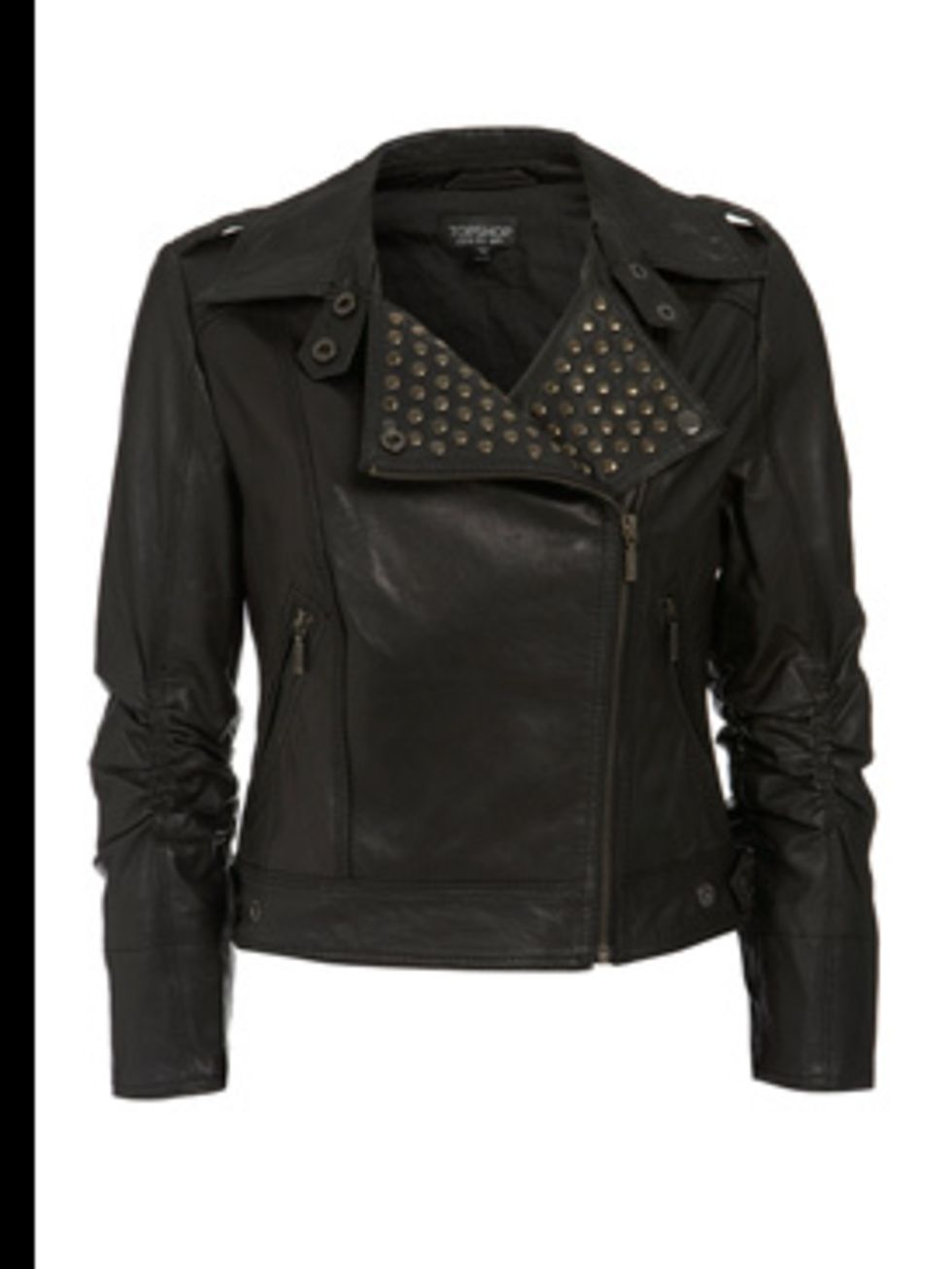 <p>Leather jacket with studs, £120, by Topshop (0845 121 4519)</p>