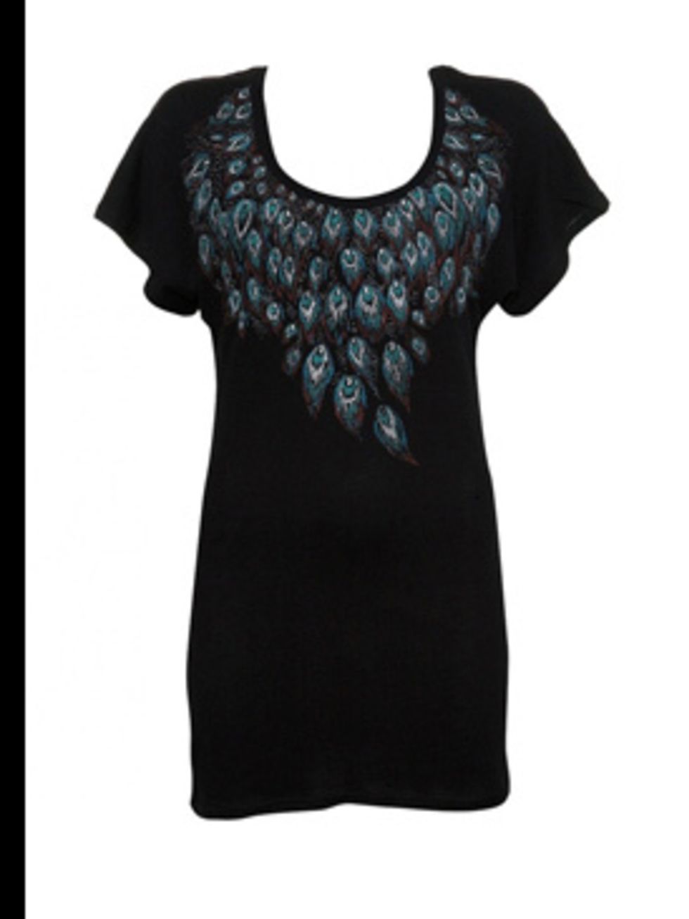 <p>Black t-shirt with peacock print, £18, by Topshop (0845 121 4519)</p>
