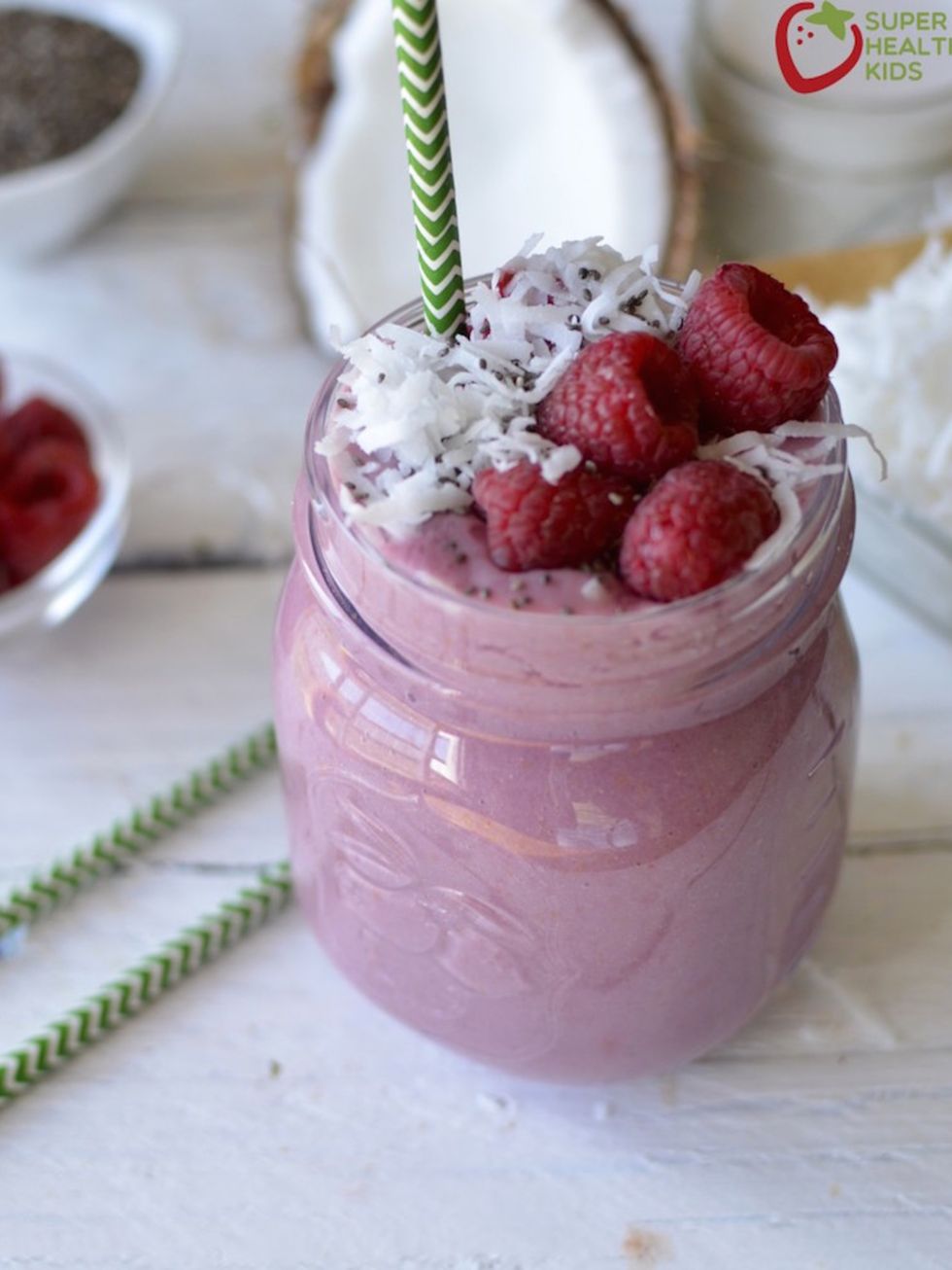<p><strong>7.3K Shares</strong>. Coconut and raspberry? What's not to like. Healthy essential fatty acids from the coconut and chia seeds are really good for the skin. Full recipe and instructions from <a href="http://www.superhealthykids.com/coconut-rasp