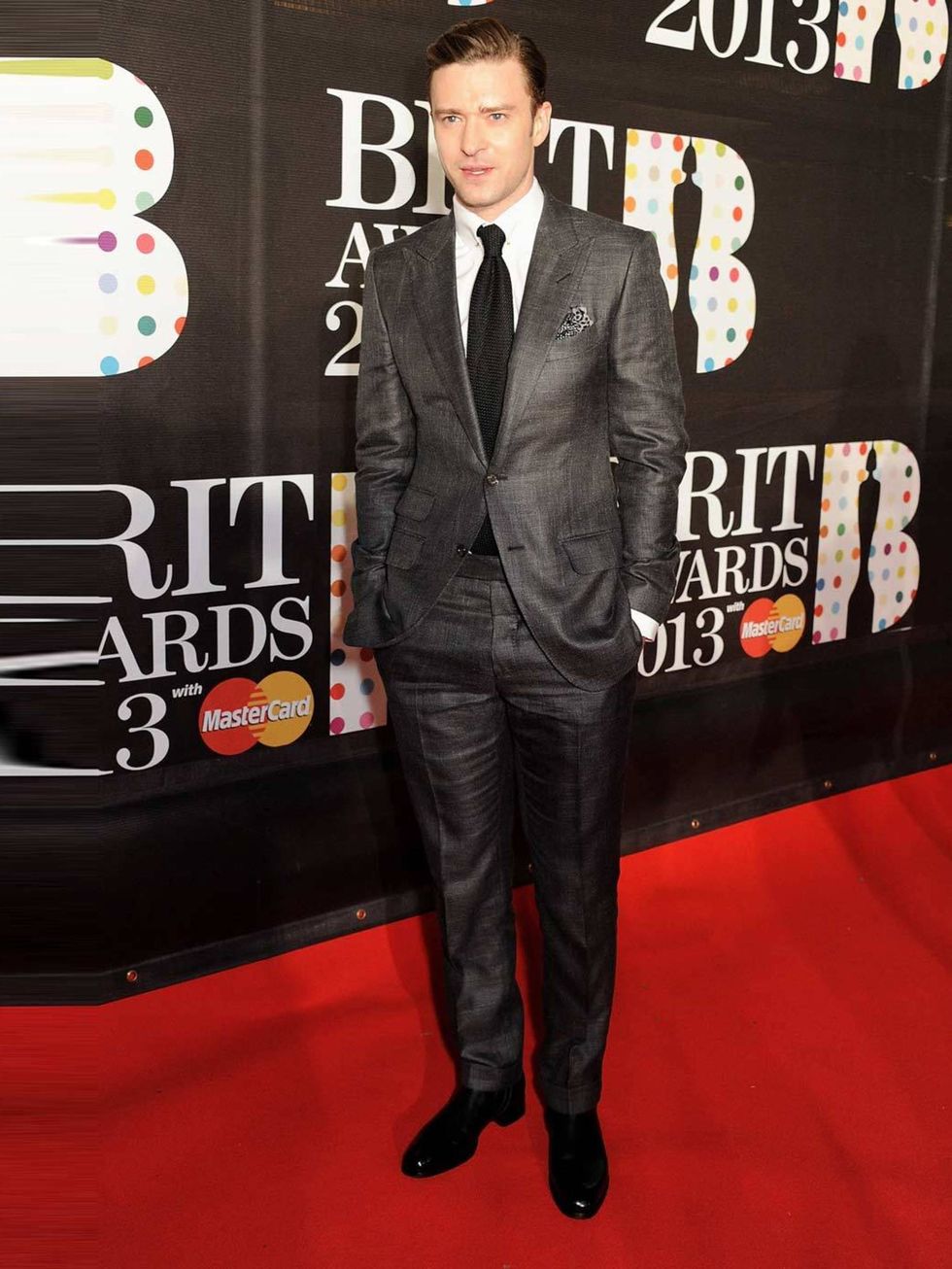 <p><a href="http://www.elleuk.com/star-style/celebrity-style-files/justin-timberlake-elle-man-of-the-week">Justin Timberlake</a> attends the Brit Awards 2013.</p>