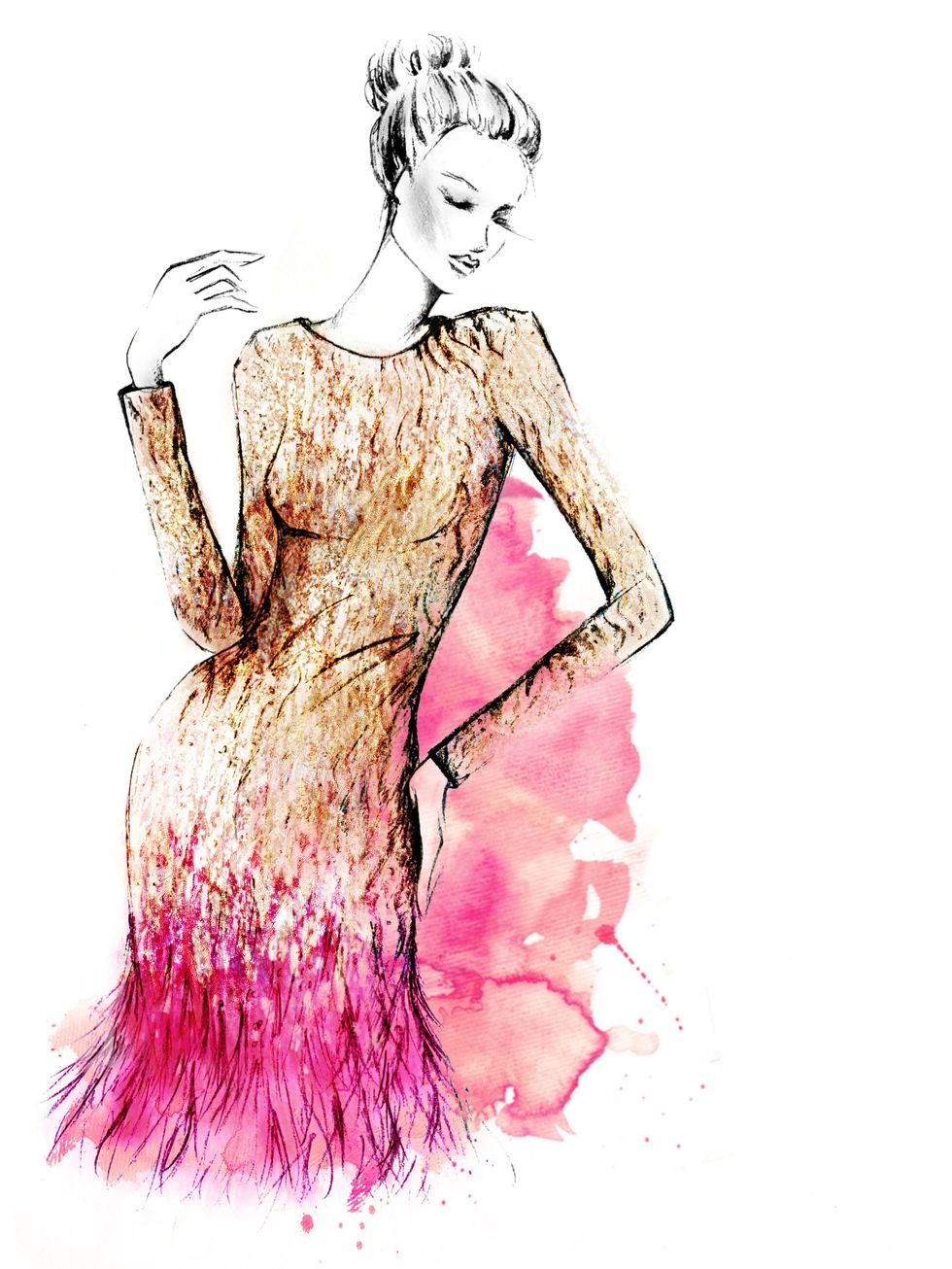 <p>A sketch of the Gold Liquid Sequin Feather Trimmed Mini Dress</p>