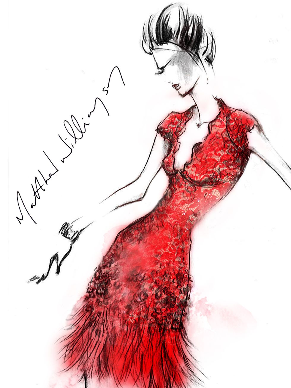 <p>A sketch of the Red Winter Garden Lace Feather Dress</p>