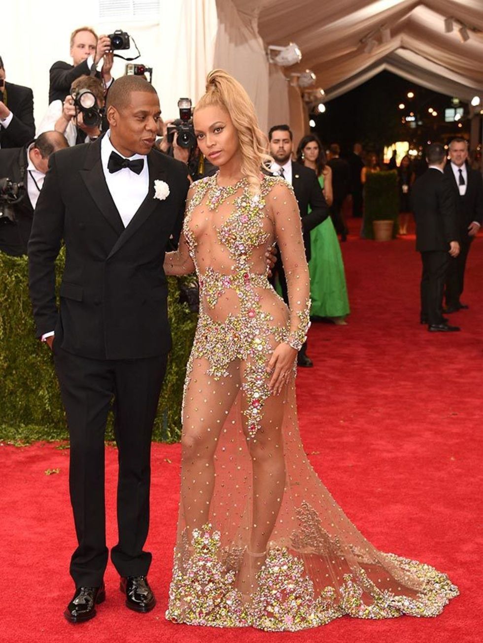 <p>Beyoncé, in Givenchy Haute Couture by Riccardo Tisci, attends the Met Gala with Jay Z, May 2015.</p>