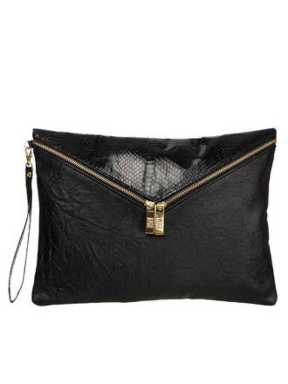 <p>Leather clutch, £98 by Mogil at <a href="http://www.bunnyhug.co.uk/fashionshop/gbu0-prodshow/Mogil_Black_Washed_Leather_and_Snake_Detail_Super_Size_Witch_Envelope_Clutch.html">Bunnyhug</a></p>