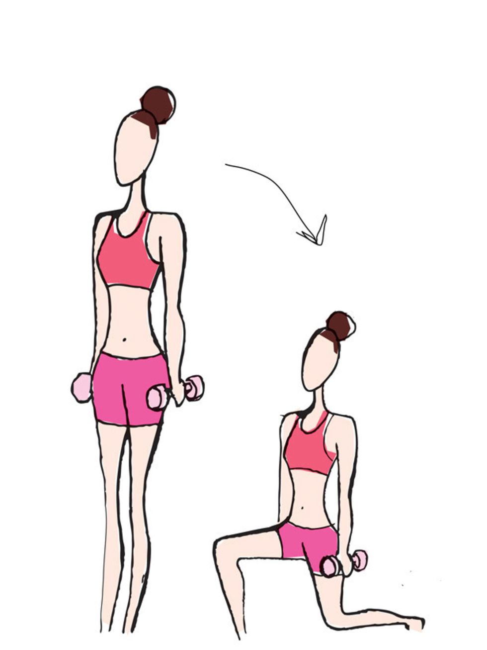 <p>For those with a set of dumb bells, do 15 reps of the following exercises, rest for 30 seconds and repeat. 3 - 5 sets of these will get you into shape in no time.  Remember to increase the weight if it starts to feel to easy. 1. A backward lunge holdin