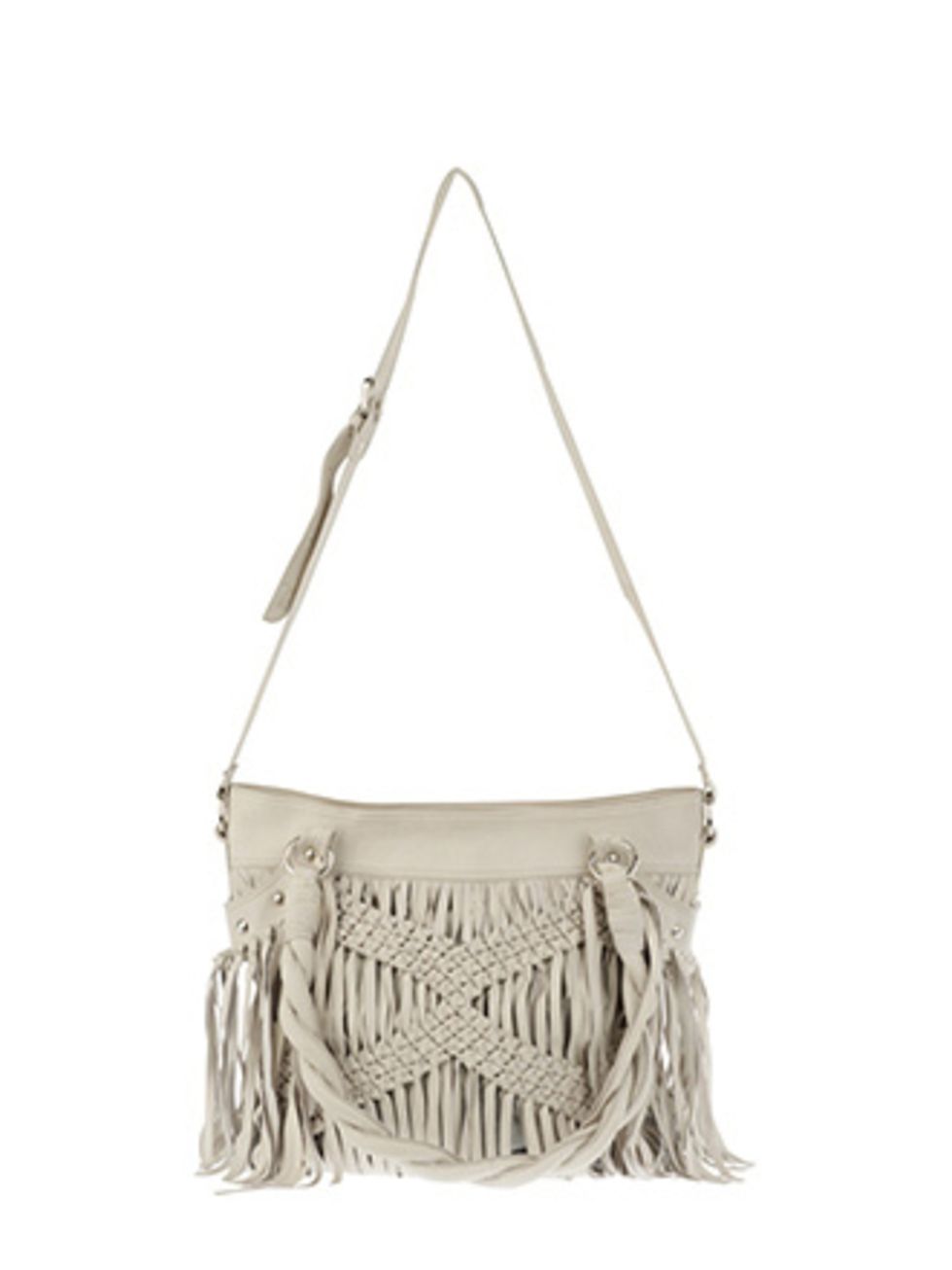 <p>Nude, taupe and mink shades are big news for spring. This bag, with its woven tassel detail and off-white leather make it a spring must-have. Buy it now; we predict it won't stay around for long.</p><p>Leather Bag, £124.99 by  <a href="http://xml.river