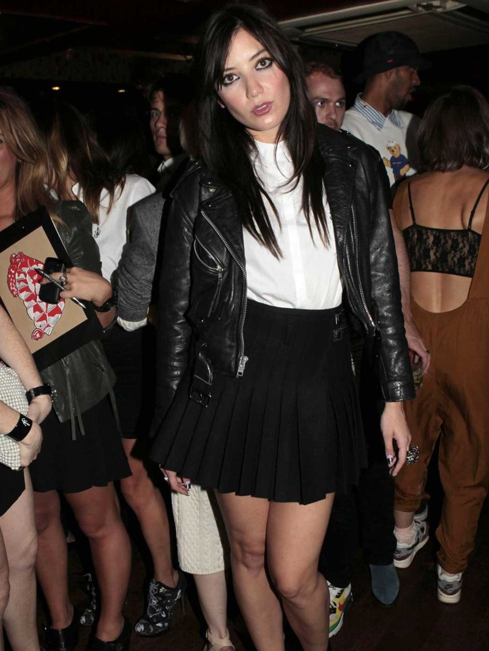 <p>Daisy Lowe wearing a <a href="http://www.elleuk.com/fashion/in-store-now/in-store-today-j.w.-anderson-x-topshop">JW Anderson X Topshop</a> shirt and kilt and her signature biker jacket at the JW Anderson and Topshop party.</p>