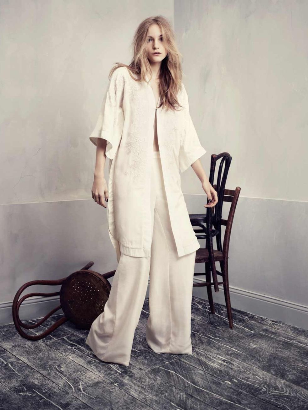 <p>This cream loose kimono and matching trousers have a bohemian air of faded glamour</p>