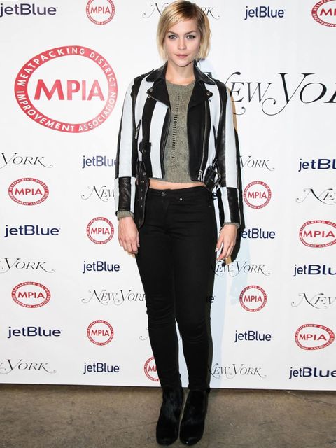 <p>Leigh Lezark wearing a black and white striped biker jacket, at the first annual event benefiting the Meatpacking District Improvement Open Market in New York, March 2013.</p>
