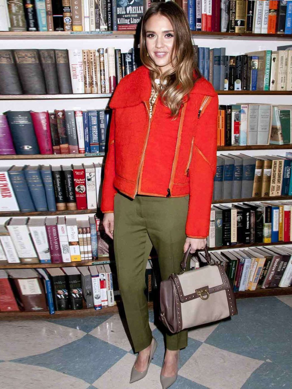 <p>Jessica Alba, is wearing a bright biker jacket to her book signing 'The Honest Life' in New York, March 2013.</p>