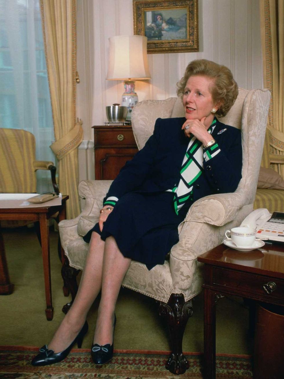 <p>Margaret Thatcher in the living room at 10 Downing Street, January 1990.</p>