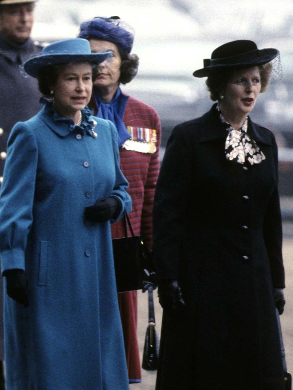 <p>Queen Elizabeth II and Margaret Thatcher at the Mountbatten Memorial, Horse guards parade, London, Britain, 1983.</p>