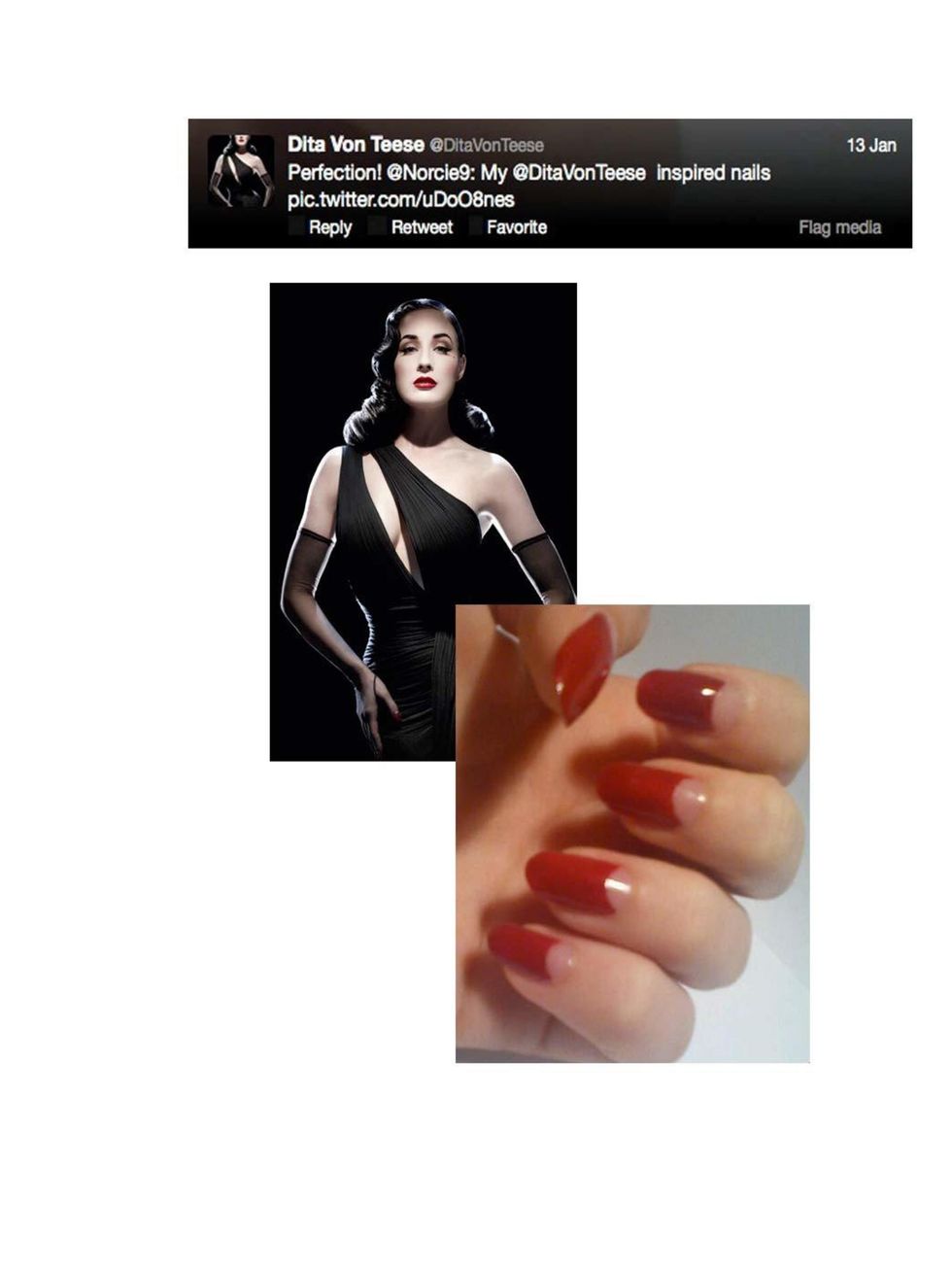 <p><a href="http://www.elleuk.com/beauty/news/dita-von-teese-talks-to-elle">Dita Von Teese</a></p><p>Perfection! @Norcie9: My @DitaVonTeese inspired <a href="http://www.elleuk.com/beauty/make-up-skin/make-up-features/50-best-spring-nail-colours">nails</a>