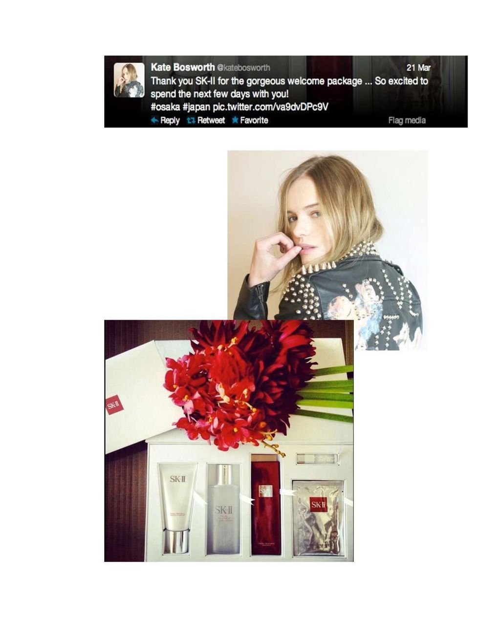 <p><a href="http://www.elleuk.com/star-style/news/could-topshop-s-mystery-campaign-girl-be-kate-bosworth">Kate Bosworth</a></p><p>Thank you SK-II for the gorgeous welcome package... So excited to spend the next few days with you!</p>