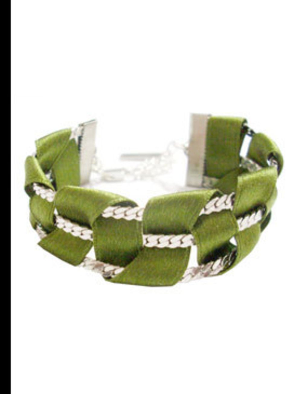 <p>Bracelet, £81 by Wear and Tear at <a href="http://www.kabiri.co.uk/jewellery/bracelets/weave_silk_tape_braceletgreen">Kabiri</a></p>