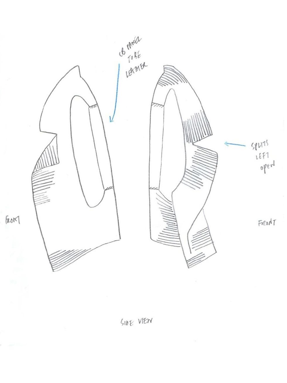 <p>Mei Lim Cooper's sketch showing the panels that will form her leather and cashmere rib coat</p>