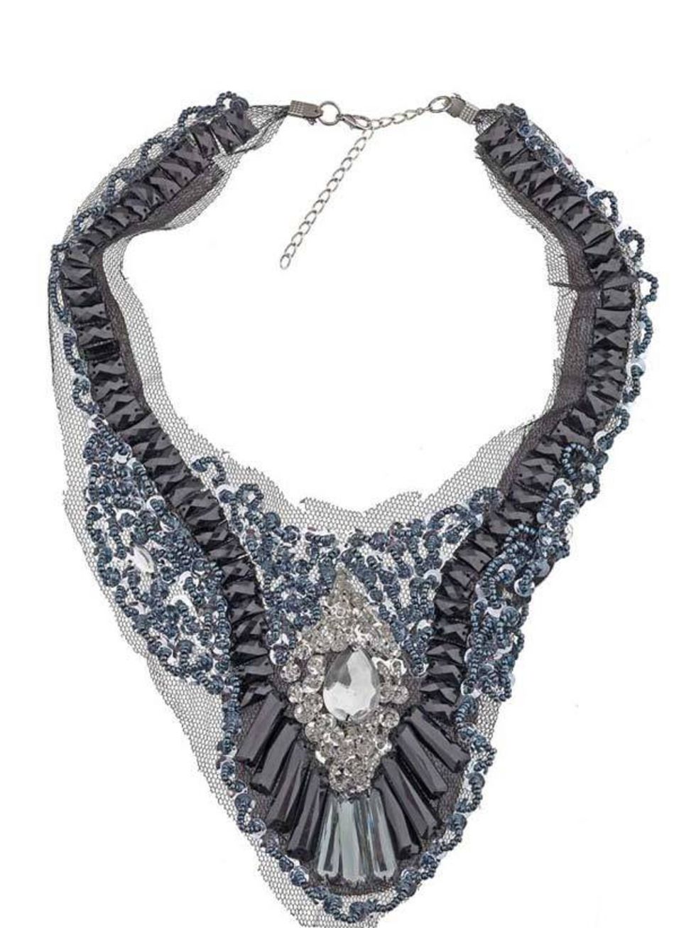 <p>Stone embellished net necklace, £30, by Freedom at Topshop (01277 844 476)</p>