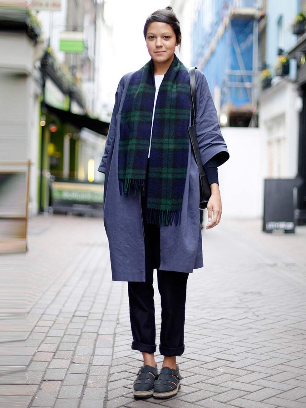 <p>Lara, 24, Copy Writer. Cos coat, trousers and bag, ASOS shoes vintage scarf.</p>